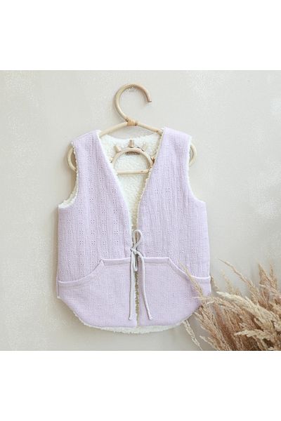 BABYLY Reversible girl's vest, pink embroidered cotton & cream loop, 104-110cm