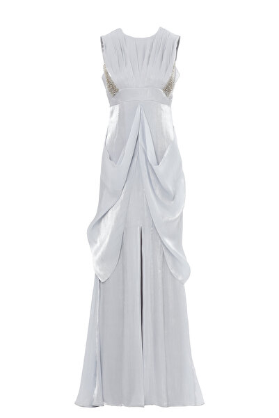 GİZİA İşleme Detaylı Drapeli Uzun Gri Elbise