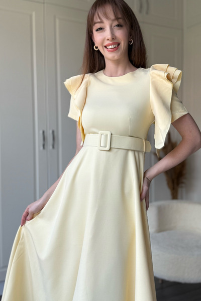 Dilay Gökoğlu Butik Ruffle Detailed Belted Midi Flared Yellow Dress