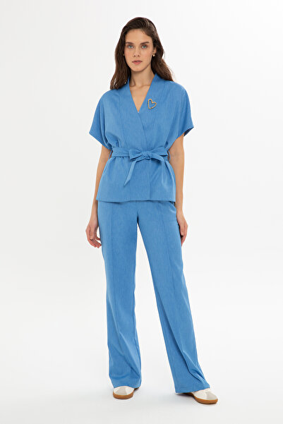 GİZİA Kuşak Bağlamalı Bluz Ve Palazzo Pantolonlu Mavi Takım