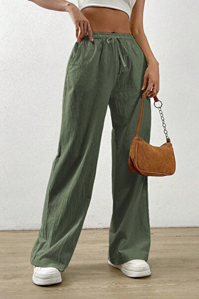 Tarz Cool Light Khaki Wide Leg Muslin Women's Trousers