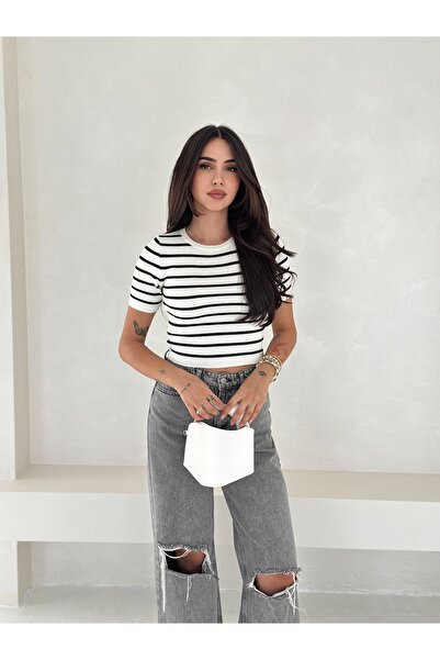 b buhari bykoc Bluză tricotată cu mânecă scurtă cu detaliu în dungi