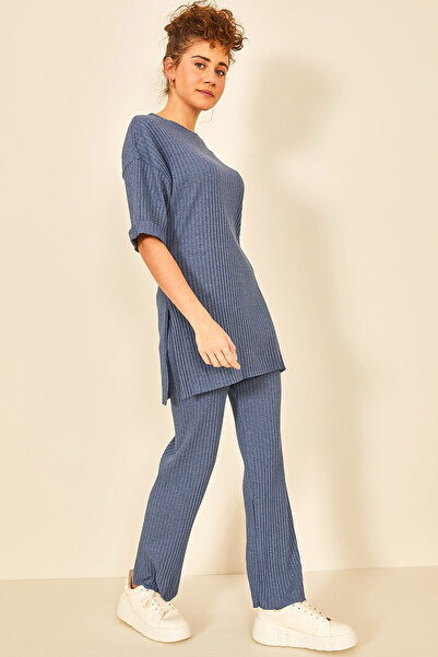 EYYE Indigo Blue Women's Cotton Short Sleeve Ribbed Blouse Pants Set