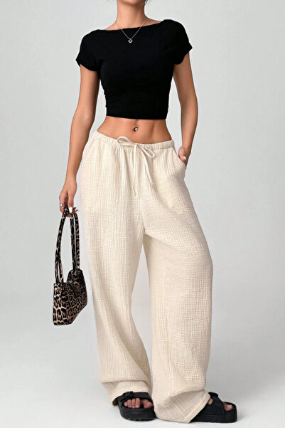 Tarz Cool Μπεζ φαρδύ γυναικείο παντελόνι μουσελίνας