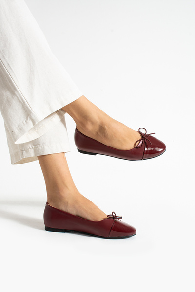 Güllü Shoes Burgundy Patent Leather Toe Bow Detailed Women's Ballerinas – Vegan Leather, Non-Slip Sole, Casual & Office Chic