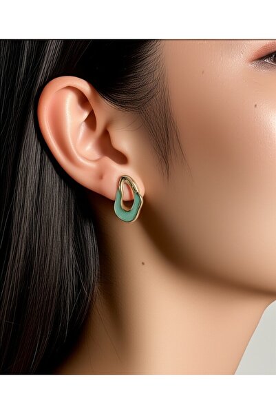 HARİNA Asymmetric Water Green Enamel Gold Color Earrings