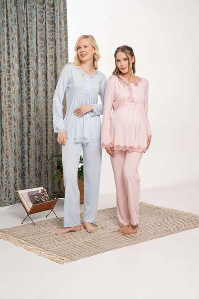Lohussa Women's Blue Special Design Lace Long Sleeve Cotton Maternity Pajama Set