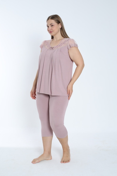 Cotpark Women's Plus Size Viscose Elastane Fabric Short Sleeve Capri Suit 14545-B