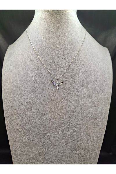 Han Ticarethane Silver Color Colored Zircon Stone Phoenix Model Steel Necklace