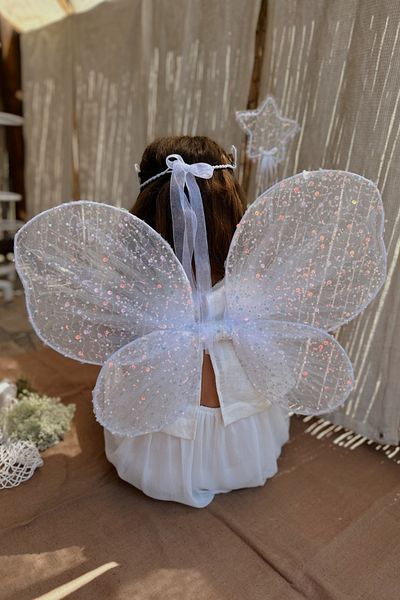 Le Mabelle White Sequin Beaded 3-Piece Butterfly Wing Staff Crown Set