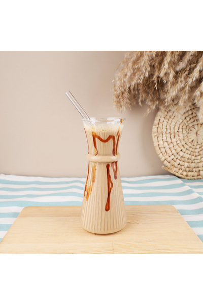 Lüks Sepeti Thumblina - Double Heat-Resistant Cold Coffee Beverage Glass Cup with Straw - 245 ml