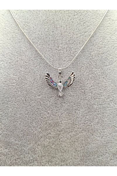 Han Ticarethane Silver Color Colored Zircon Stone Phoenix Model Steel Necklace