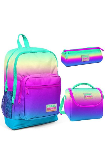 Coral High Patterned School Bag Nutrition Pen Holder Set of 3 23710