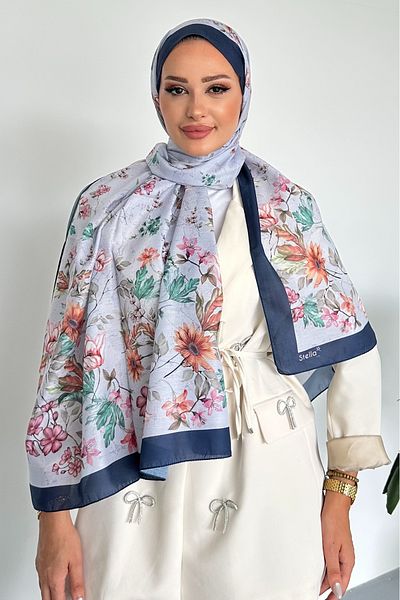 Stella Eşarp Flowers Floral Patterned Navy Blue Color Soft Cotton Shawl
