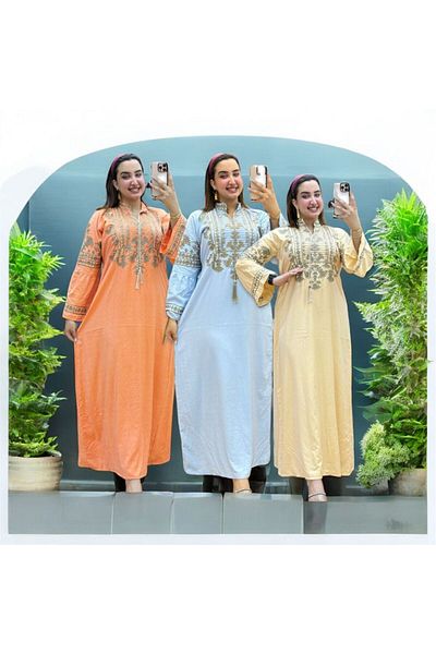 Generies A set of 3 embroidered linen jalabiyas with an elegant and modern design, sizes from 60 to 100 kg