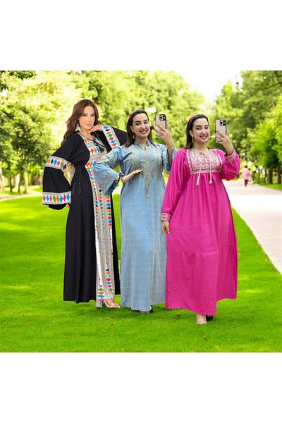Generies A set of 3 embroidered linen jalabiyas with an elegant and modern design, sizes from 60 to 100 kg