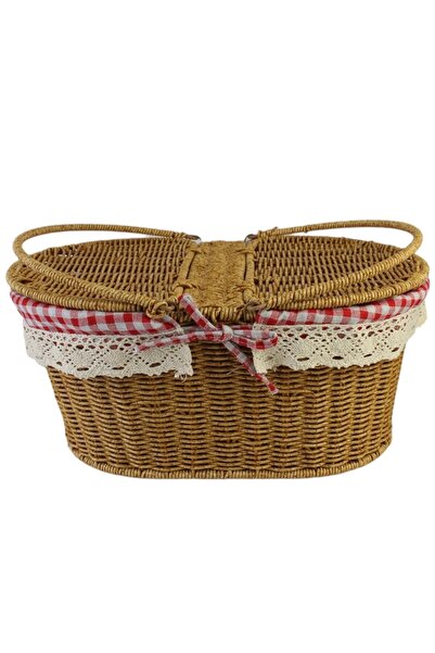Qerhome Büyük Boy Plastik Rattan Örme Piknik Sepeti Oval Ekoseli BRT