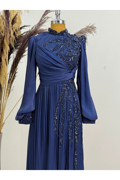 PİENNAR Evening Dress with Beaded Detail and Draped Front