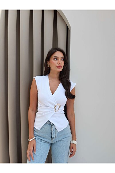 ESRAHELVACI Μπλούζα με χρυσή αγκράφα διπλό στήθος