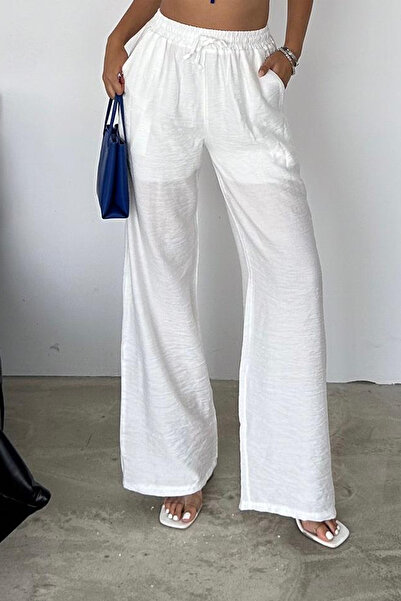 Noa Noa Kadın Beyaz Bol Paça Rahat Pantolon – Yazlık Elastik Bel Astarlı