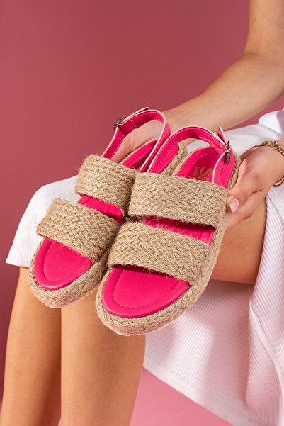 FUGA MODA Sandy Fuchsia Straw Strap High Straw Wrap Sole Premium Sandals