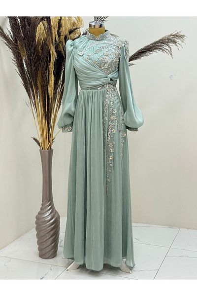 PİENNAR Evening Dress with Beaded Detail and Draped Front