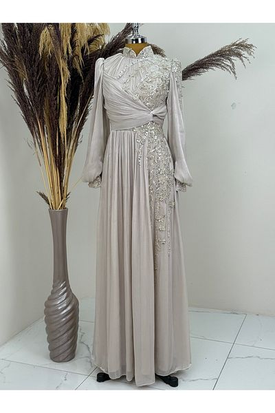 PİENNAR Evening Dress with Beaded Detail and Draped Front