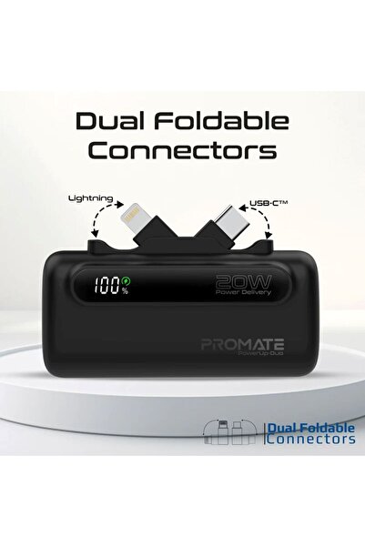 Promate Ultra-Compact Fast Charging Power Bank with Dual foldable USB-C™ & Lightning Connectors