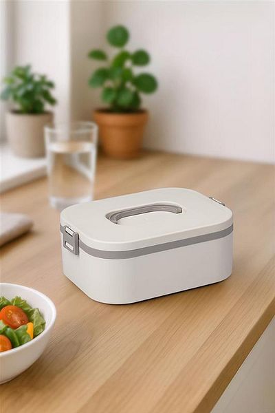Okyanus Home Lunch Box with Stainless Steel Chamber Single Layer Self-Fork Spoon Lunch Box Beige