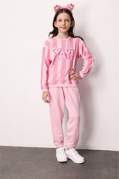 Le Mabelle Pink Bow Printed Striped Girl's Tracksuit Set - Phoebe