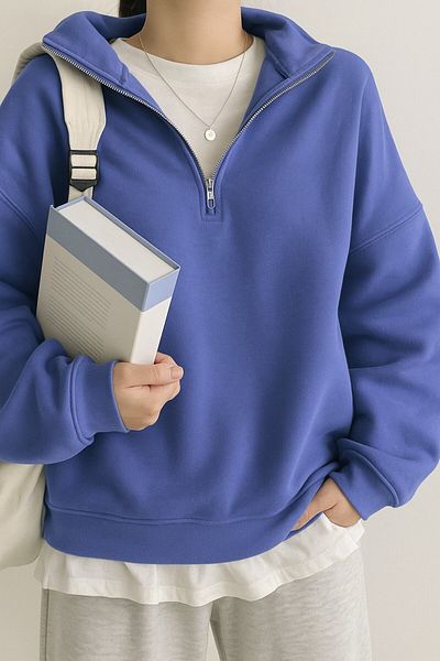 GHASSY CO. Ghassy Co. Women's Cotton Oversize Silver Half Zip Sweatshirt