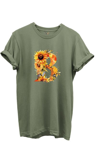 WİDİ Sunflower Patterned Letter "B" Printed 100% Cotton Regular Fit Unisex T-Shirt