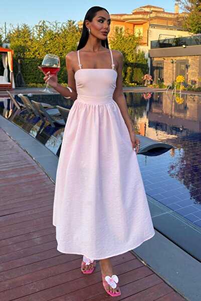 Genel Markalar Sırtı Çapraz İpli Boncuk Detaylı Elbise 2902-08 R7-D-K2