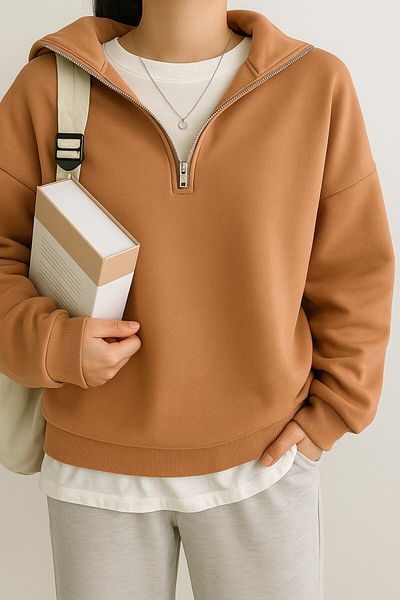 GHASSY CO. Ghassy Co. Women's Cotton Oversize Silver Half Zip Sweatshirt
