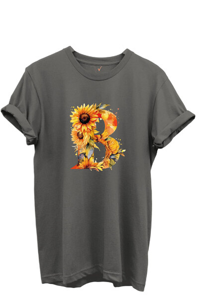 WİDİ Sunflower Patterned Letter "B" Printed 100% Cotton Regular Fit Unisex T-Shirt