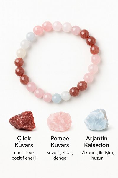 nss sky rock Natural Stone Bracelet – Strawberry Quartz, Pink Quartz and Argentine Chalcedony 8mm 19 cm