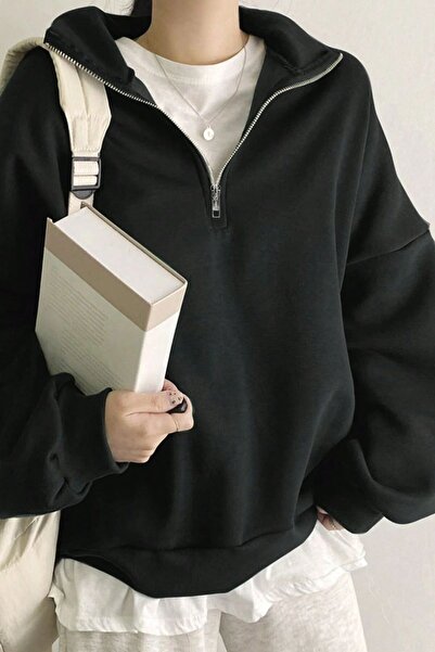 GHASSY CO. Ghassy Co. Women's Cotton Oversize Silver Half Zip Sweatshirt