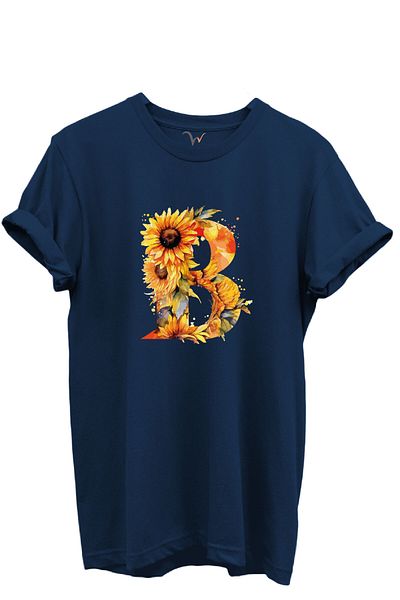 WİDİ Sunflower Patterned Letter "B" Printed 100% Cotton Regular Fit Unisex T-Shirt