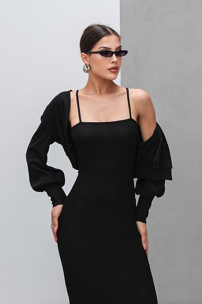 VAGGON Long Dress with Thin Straps and Slit Detail and Cardigan Two-Piece Set