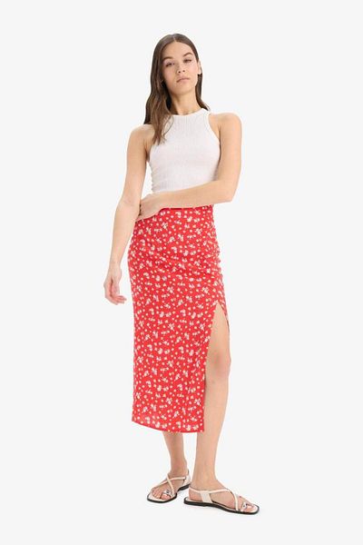DeFacto New Season A-Line Floral Patterned High Waist Slit Midi Skirt