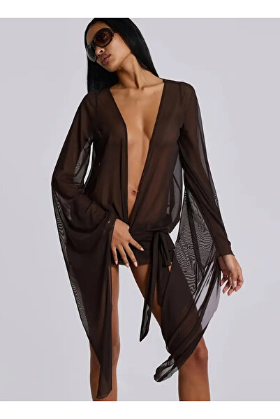 glamvi Şifon Kol Detaylı Dekolteli Kısa Kimono Elbise