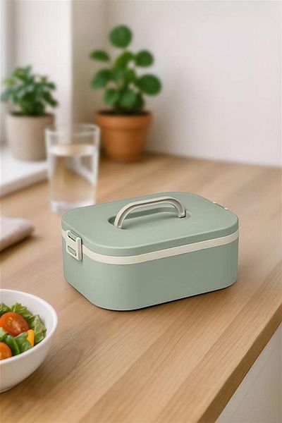 Okyanus Home Lunch Box with Stainless Steel Bowl Single Layer Self Fork Spoon Lunch Box Green