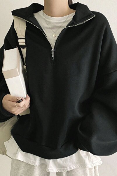 GHASSY CO. Ghassy Co. Women's Cotton Oversize Silver Half Zip Sweatshirt