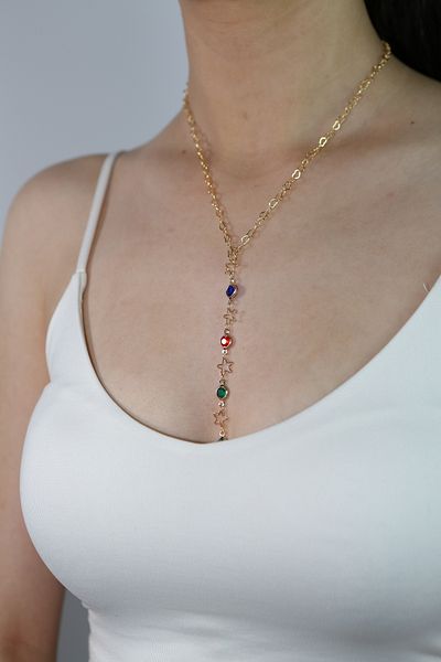 MARCİELO Accessories Y Necklace - Low-Cut Necklace with Colorful Stones with Heart Chain