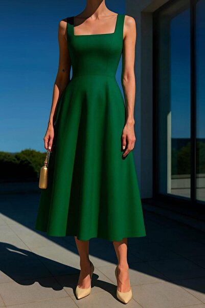 misigo Kadın Kare Yaka Kalın Askı Tasarım Midi Boy Elbise Zümrüt 583208