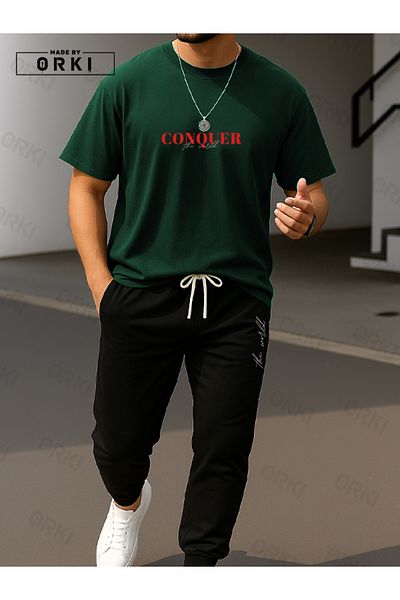 EFFRENATU Conquer the World Printed Oversize Forest Green T-Shirt & Black Pants Tracksuit Set
