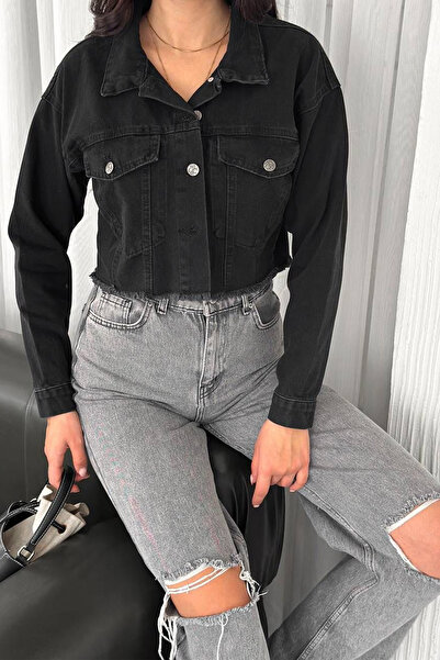 Noa Noa Γυναικείο μαύρο κοντό τζιν μπουφάν – Street chic με λεπτομέρειες με φτερωτό στυλ