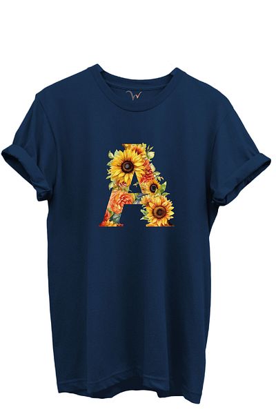 WİDİ Sunflower Patterned Letter "A" Printed 100% Cotton Regular Fit Unisex T-Shirt