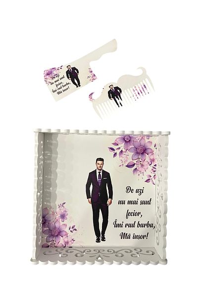 OEM Groom's cooking tray set, white wood with UV print, 3 pieces: tray, comb and cleaver, Purple model