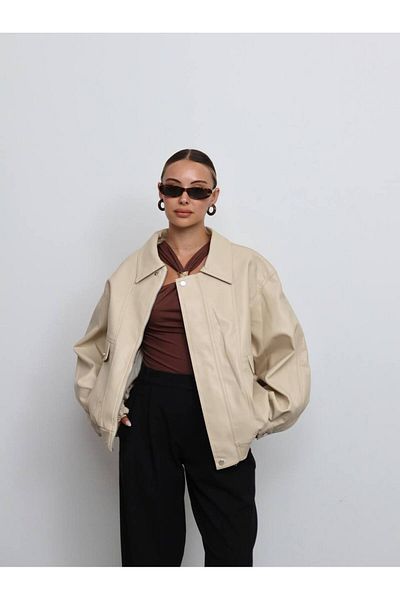 D'RECCY Women's Masculine Oversize Bomber Thin Leather Jacket